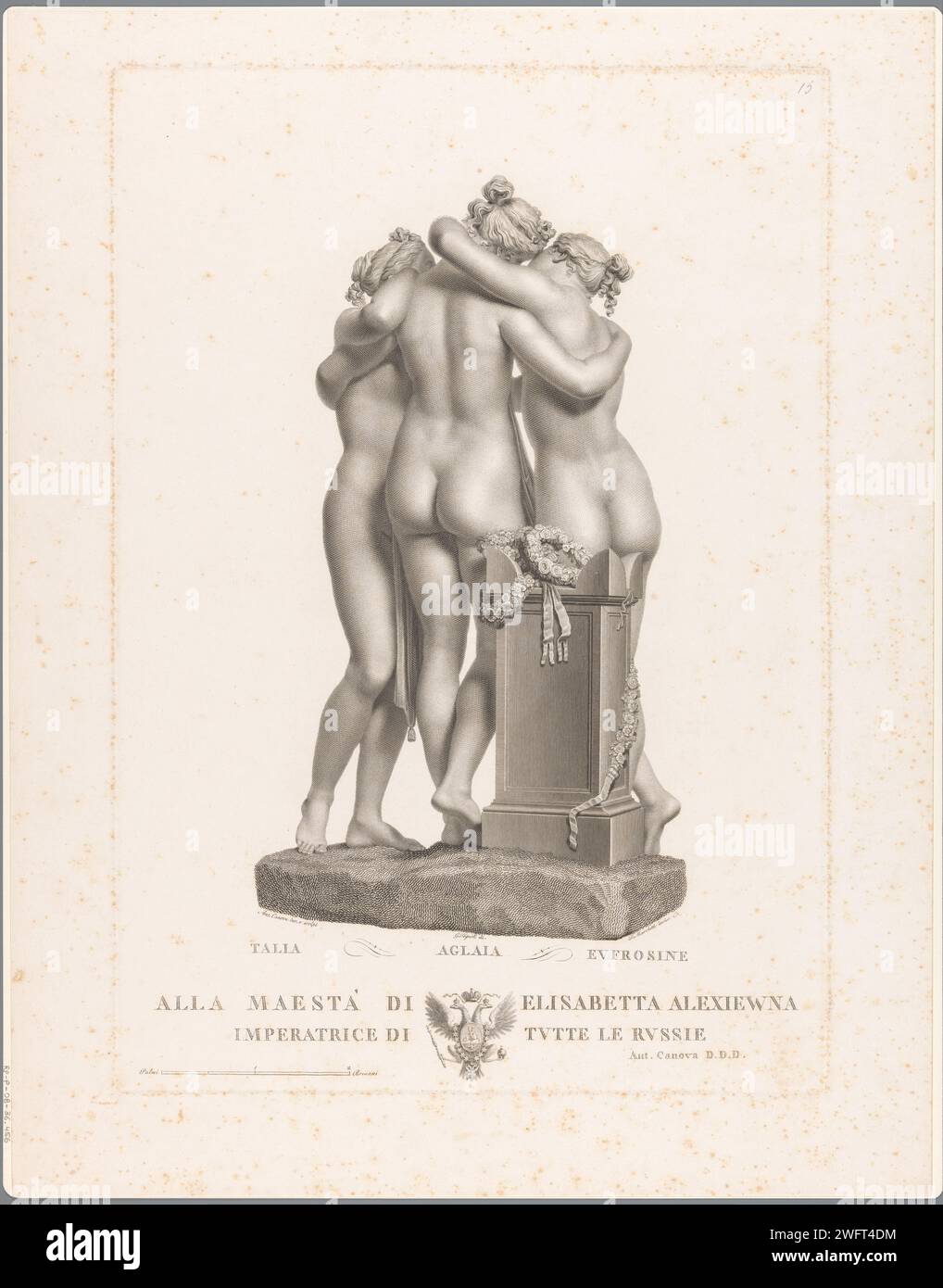 De Drie Gratiën, Domenico Marchetti, After Giovanni Tognolli, After Antonio Canova, 1814 - 1815 print Back view of a sculpture of the three graces (Talia, Aglaia and Eofrosine) by the Italian sculptor Antonio Canova. Assignment under the performance. Italy paper engraving / etching Thalia (one of the Graces). Euphrosyne (one of the Graces). Aglaia (one of the Graces). Graces (Charites), generally three in number; 'Gratie' (Ripa). piece of sculpture, reproduction of a piece of sculpture Stock Photo