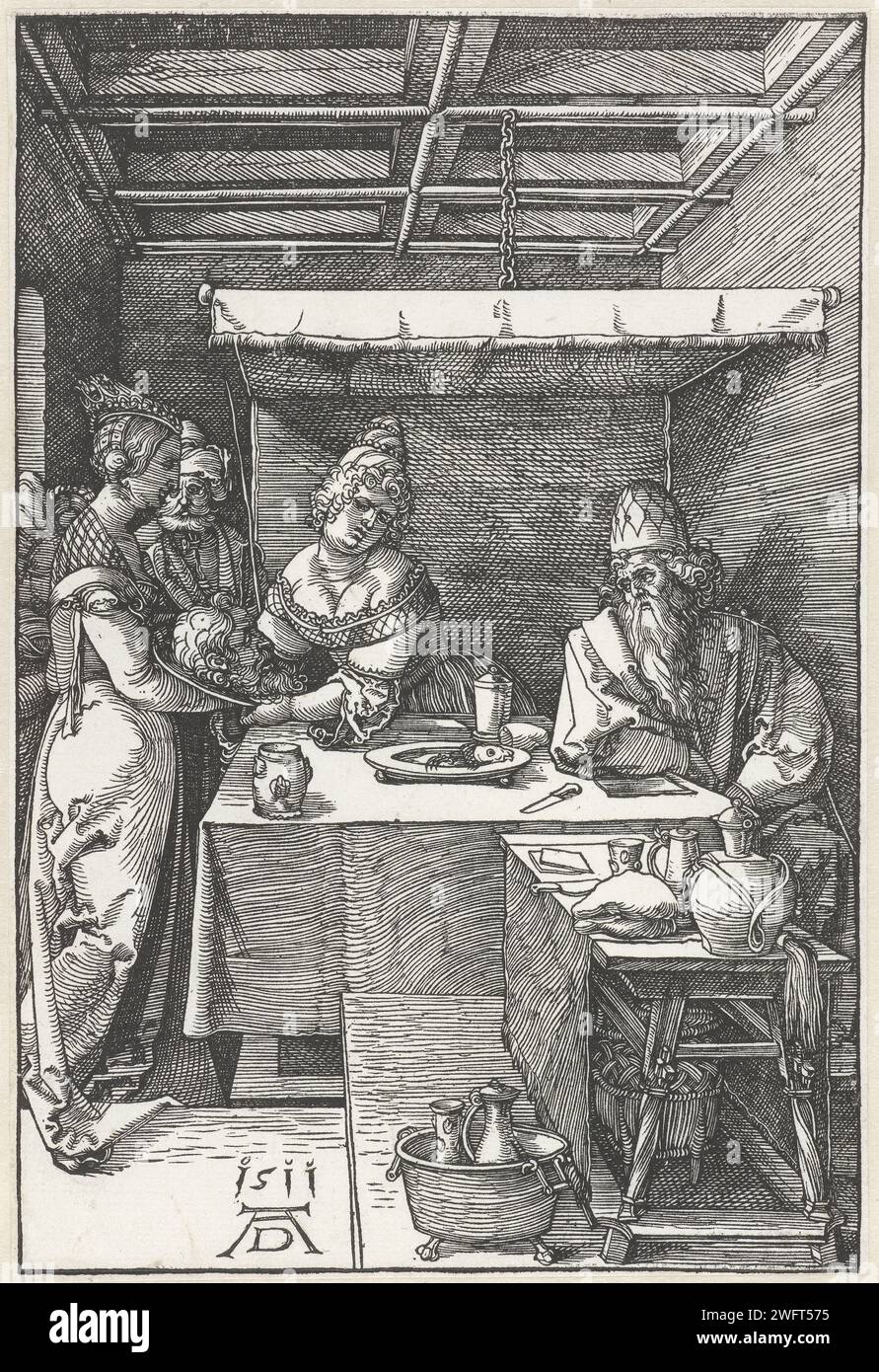 Herodias receives the head of Johannes de Boper, Albrecht Dürer, 1511 print Salome offers the head of John the Baptist to her mother Herodias, who sits next to her husband Herod at a table. Nuremberg paper  Salome gives the head of John the Baptist to her mother Stock Photo