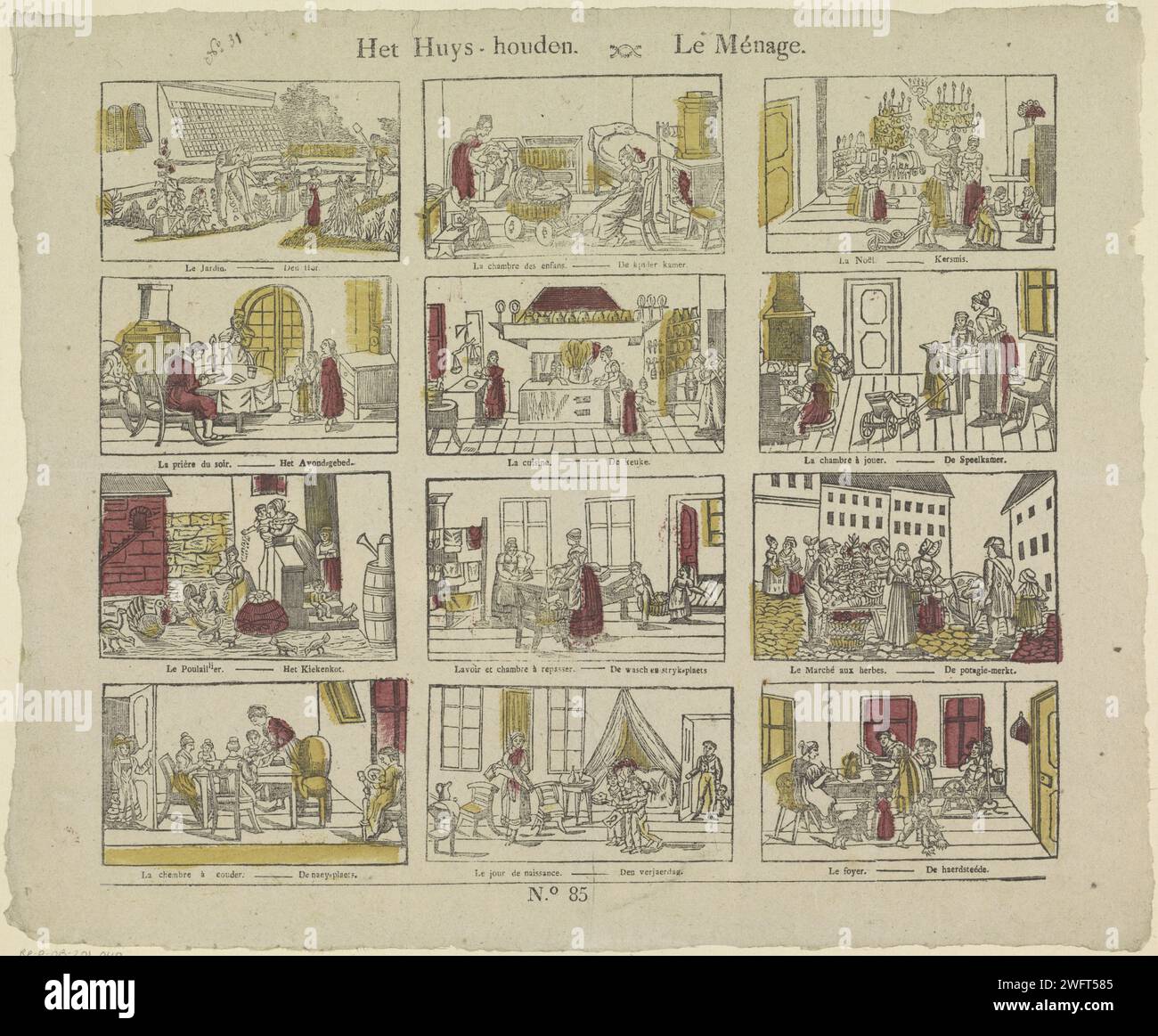 Het Huys / Le Ménage, 1800 - 1833 print Sheet with 12 performances of household scenes. Under each image a caption in Dutch and in French. Numbered in the middle: No. 85. Turnwood paper letterpress printing household chores. celebration meal, feast, banquet. Christmas (non-liturgical celebration) Stock Photo