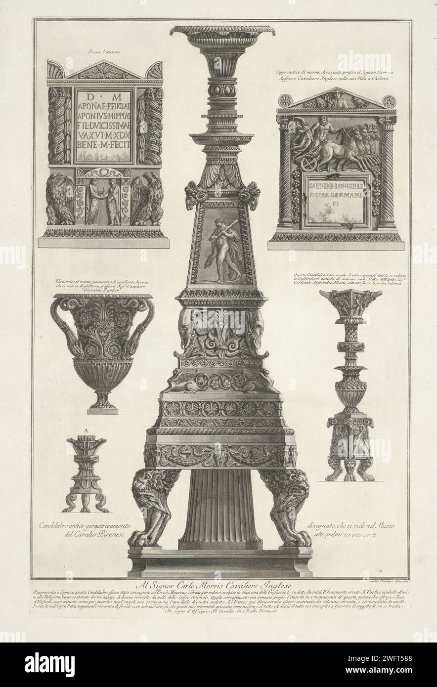 Kandelabers, Grafzuilen en vas, Giovanni Battista Piranesi, 1778 print Antique candelabers, burial columns and an ornamental vase. Captions for the various performances. Assignment in the end margin. Rome paper etching vase  ornament Stock Photo