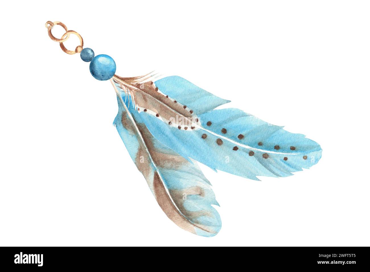 Watercolor composition from pale blue feathers and beads isolated on ...