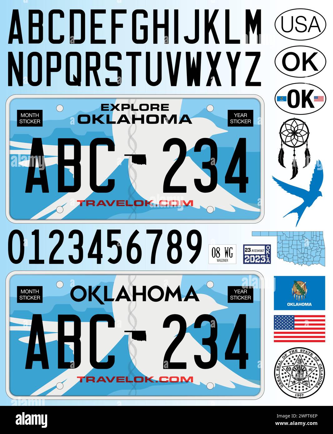 Oklahoma car license plate blue style, letters, numbers and symbols, vector illustration, USA Stock Vector