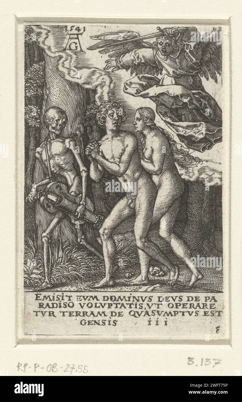 Adam and Eva driven out of paradise, Heinrich Aldgrever, after Hans Holbein (II), 1541 print Adam and Eva are driven out by an angel with a sword. Death, a skeleton with a turning man, leads them out of paradise. Under the performance a four -line text in Latin. Third print from a series of eight about sin and death. Germany paper engraving an angel chases Adam and Eve out of paradise with a (flaming) sword. Death as skeleton. hurdy-gurdy Stock Photo