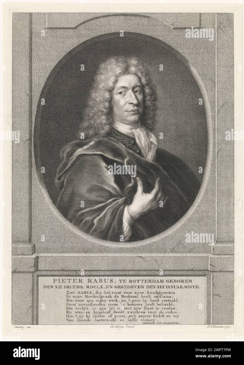 Portrait of Pieter Rabus, Jacob Houbraken, after Johann Friedrich Bodecker, 1736 - 1759 print Bust to the right of Pieter Rabus in an oval architectural window. Under the portrait, name and data in two lines in Latin are an eight -line verse in Dutch. Amsterdam paper engraving / etching Stock Photo