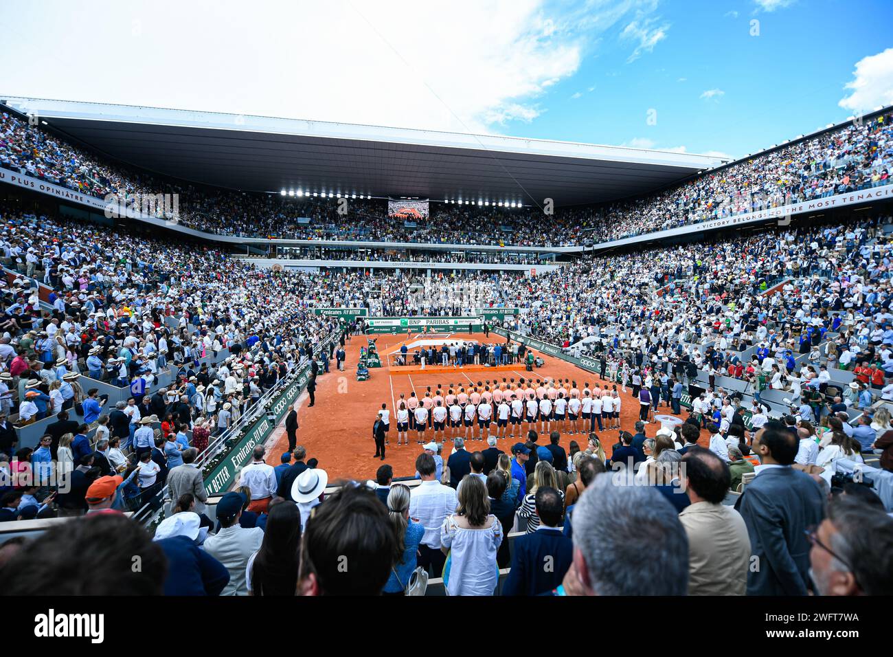 General view (overview illustration, atmosphere with the crowd, audience, public) of the Philippe Chatrier central clay court during the cup ceremony Stock Photo