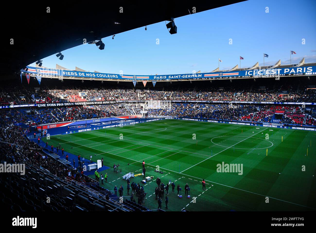 View of the stand and the pitch of the Parc des Princes stadium in Paris during a Paris Saint-Germain open training session on February 24, 2023. Bann Stock Photo