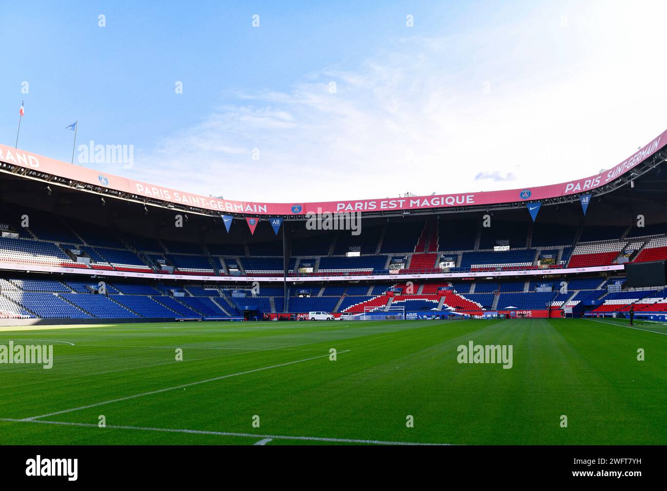 Empty stadium. View of the stand and the pitch of the Parc des Princes stadium in Paris  *** Local Caption *** Stock Photo