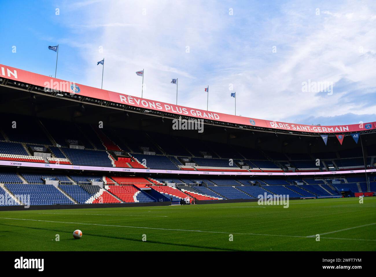 Empty stadium. View of the stand and the pitch of the Parc des Princes stadium in Paris. Slogan Paris is Magic *** Local Caption *** Stock Photo