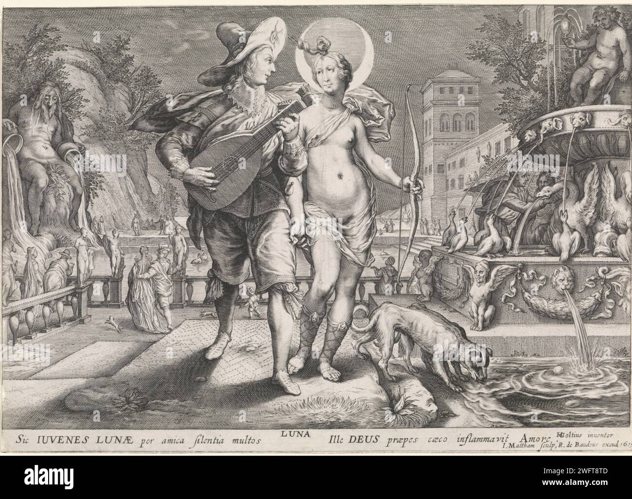 Diana as Luna and a young man with Luit, Jacob Matham, After Hendrick Goltzius, 1615 print Diana as the moon goddess Luna, with a young man with lute next to her. She has the fabric of his pants. They walk in a garden with a large fountain on the right. In the background, many figures walk by a pond of a palace. Two dogs drink in the foreground. Amsterdam paper engraving one person playing string instrument (plucked). lute, and special forms of lute, e.g.: theorbo. Diana as moon-goddess, i.e. Luna (Selene). garden fountain Stock Photo