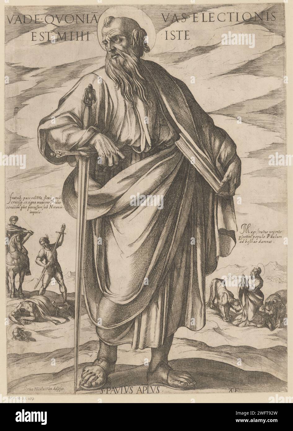 Saint Paul, Antonio Tempesta, 1565 - 1630 print Saint Paul with sword and book. In the background on the left the beheading of Paul. In the background on the right Saint Paul with two lions. print maker: Italyafter own design by: Italypublisher: Rome paper etching the apostle Paul of Tarsus; possible attributes: book, scroll, sword. Paul, thrown before a lion and other wild beasts, remains untouched. the beheading of Paul; maybe three fountains spring from his head Stock Photo