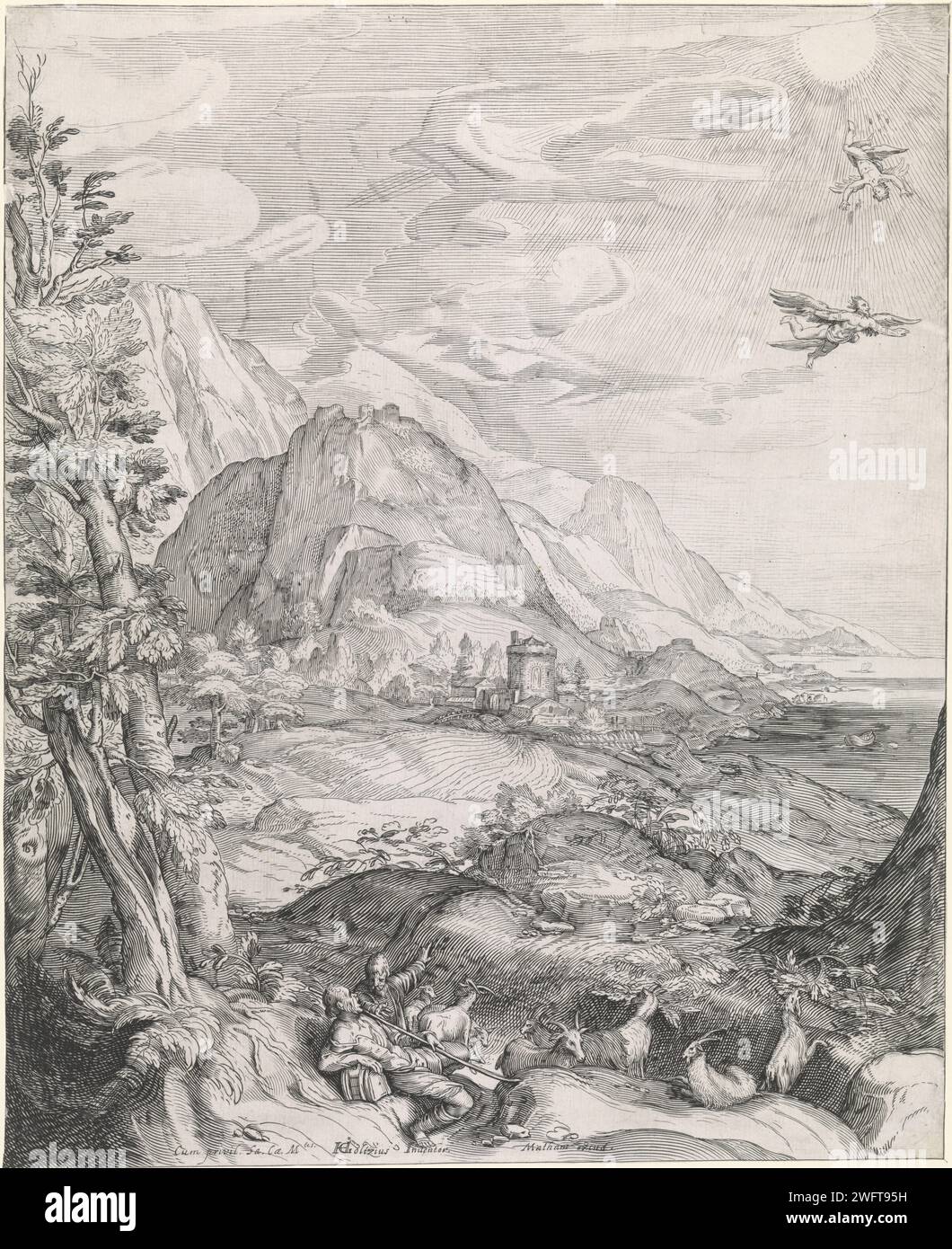 Landscape with the fall of Icarus, Jacob Matham (workshop of), After Hendrick Goltzius, 1603 print In a wide hilly landscape, shepherds watch with their herd of how Icarus flies too close to the sun. His wings melt his wings through the heat. His father Daedalus flies under him. Haarlem paper engraving death i.e. the fall of Icarus (Daedalus present) Stock Photo