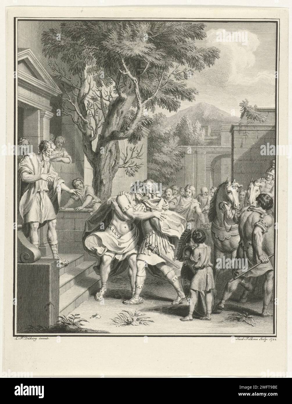 Telemachus and Nestor in Omhelling, Jacob Folkema, After Louis Fabritius Dubourg, 1732 print Surrounded by bystanders, Telemachus and Nestor embrace each other. On the left is Telemachus' horse and in the foreground his armor is held by a boy. Illustration made with a story from 'Adventures of Telemachus', written by François de Fénélon.  paper etching (story of) Telemachus Stock Photo