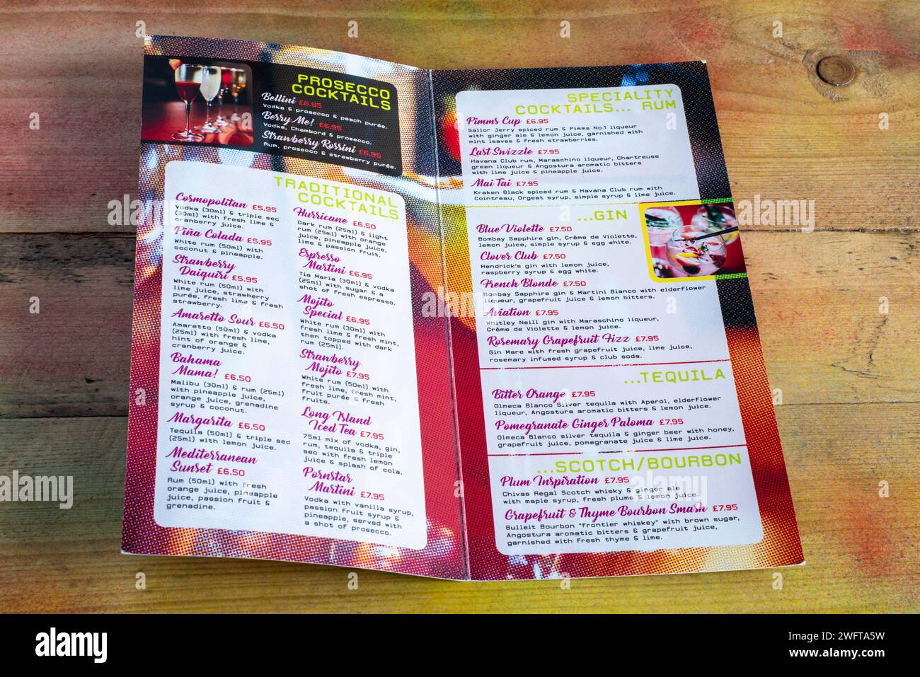 Doncaster, UK 2019 Mar 15 Cocktail drinks menu, La Rustica Stock