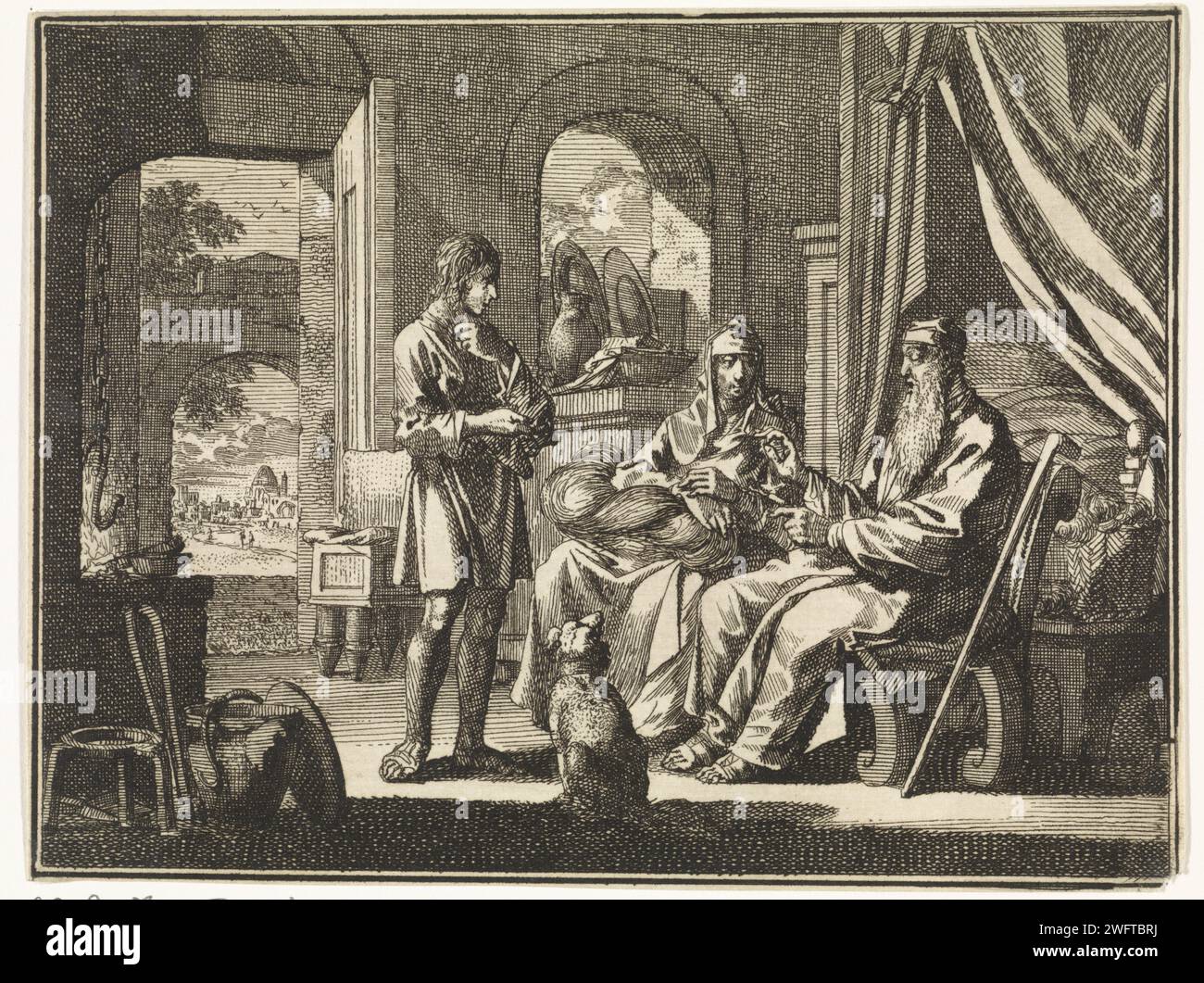 The old Tobias admonishes his son, Jan Luyken, 1712 print  Amsterdam paper etching Tobit and Anna with their son Tobias Stock Photo