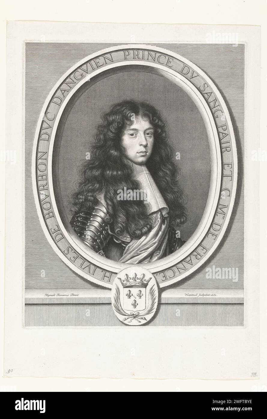 Portret van Henri-Jules de Bourbon-Condé, Robert Nanteuil, After Pierre Mignard (1612-1695), 1661 print Portrait of Henri-Jules de Bourbon-Condé, Duke of Enghien, in Harness. An oval frame with text, a coat of arms at the bottom. France paper engraving Stock Photo