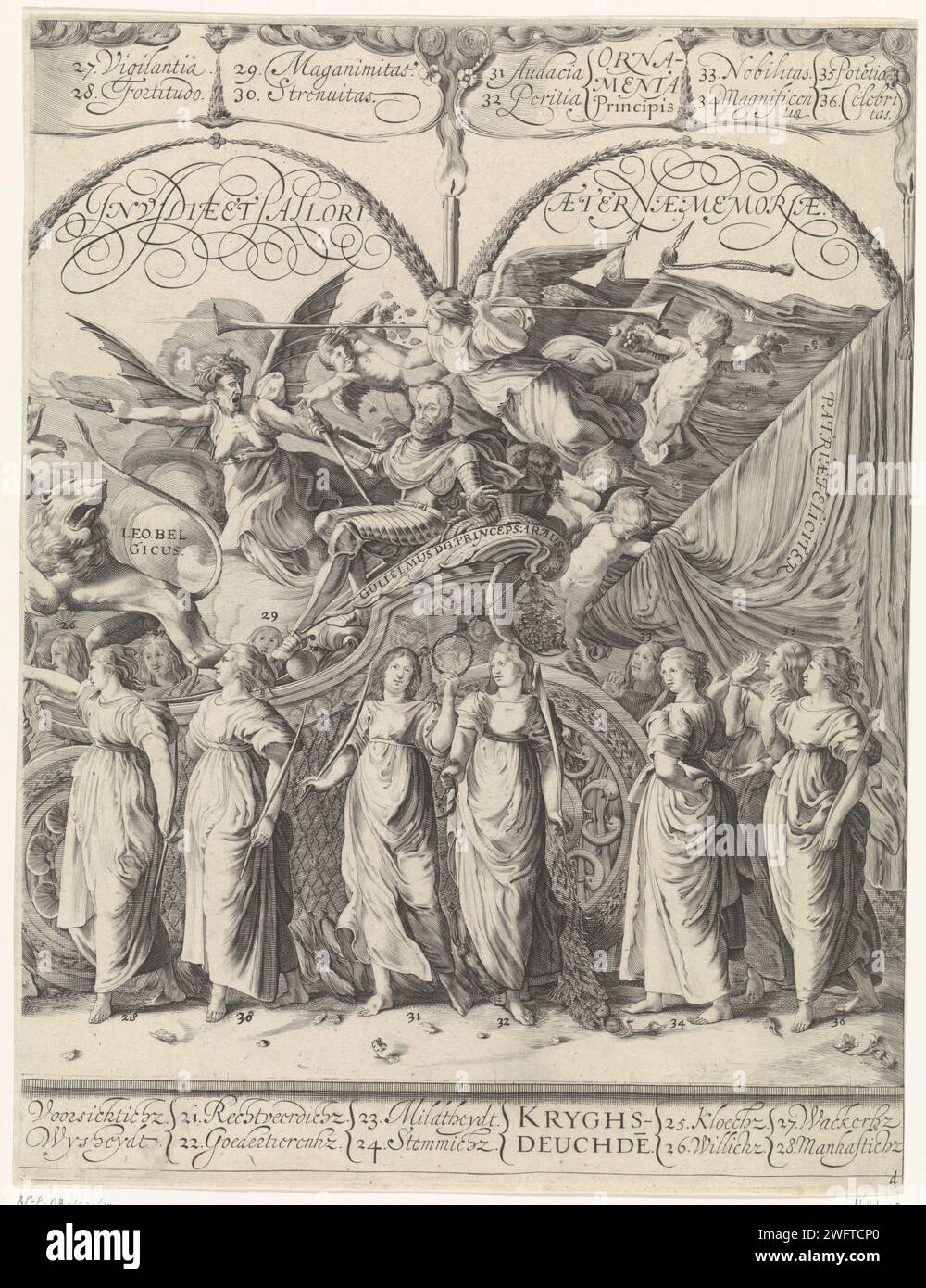 Triumphal trip of Willem van Oranje, courts, Cornelis van Kittensteyn, after Willem Pietersz Buytewech, 1626 print Plate rights of five albums of 'Triumphocht van Willem van Oranje' with symbolic representations of the virtues of Prince Willem van Oranje, consisting of: the Christian virtues, the government virtues and the warriors. The last two virtues are central in this print. In the middle of the image, the harnessed Willem van Oranje and the Dutch Lion (Leo Belgicus) are depicted on a triumphal wagon with large flags. Fly around the car, putti, fame and the envy with her snakesharen. The Stock Photo
