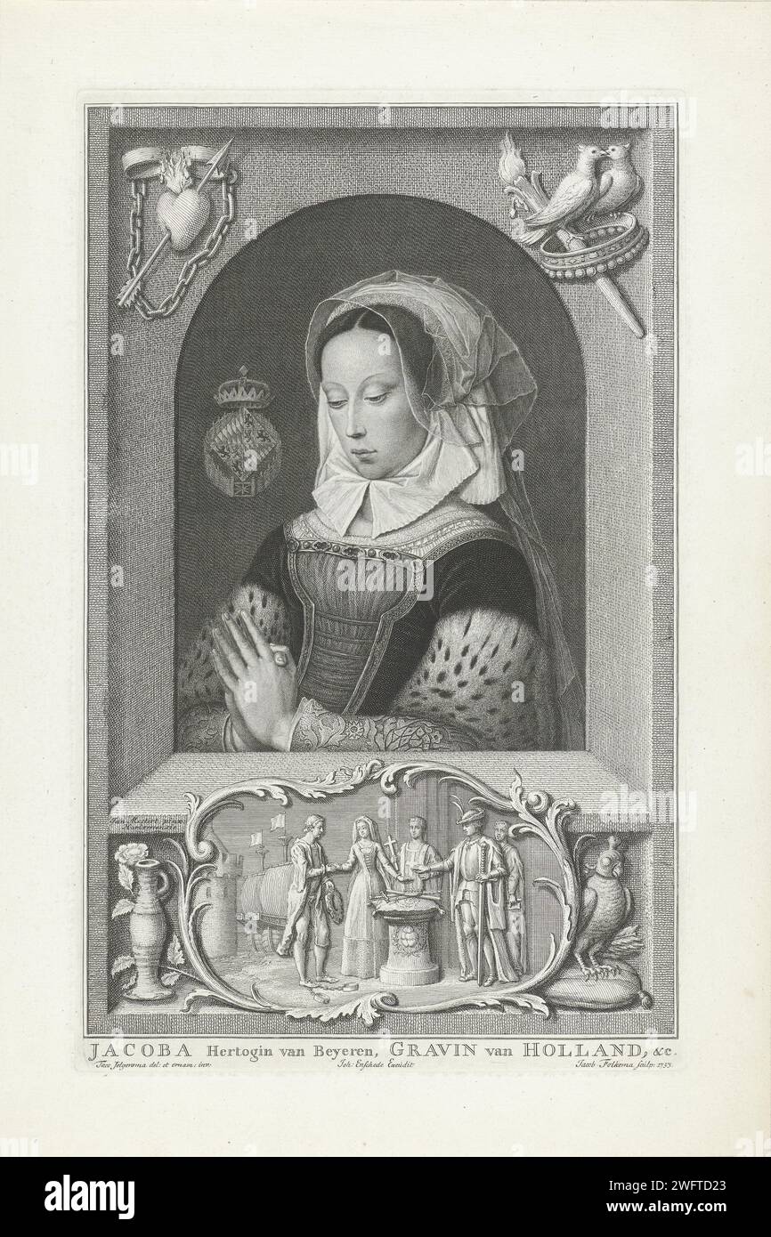 Portrait of an unknown praying woman presented as Jacoba van Bavaria, Jacob Folkema, after Jan Jansz Mostaert, after Ambrosius Benson, after Tako Hajo Jelgersma, 1753 print Under the portrait a representation of the marriage of Jacoba van Beieren with Frank van Borselen. Haarlem paper etching one person praying Stock Photo