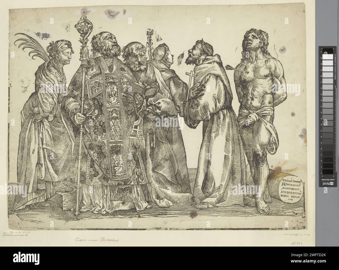 Six standing saints, Andrea Andreani, After Nicolò Boldrini, After Titian, c. 1586 - c. 1598 print Six saints, standing next to each other: Catharina with palm branch of martyrdom, Nicolaas of Myra with book and crooked, Peter with Key, Antonius with Lily, Francis with cross and Sebastiaan with arrow in his chest. print maker: Italyafter print by: Italyafter design by: VeniceSiena paper  the virgin martyr Catherine of Alexandria; possible attributes: book, crown, emperor Maxentius, palm-branch, ring, sword, wheel. the bishop Nicholas of Myra (or Bari); possible attributes: anchor, boat, three Stock Photo