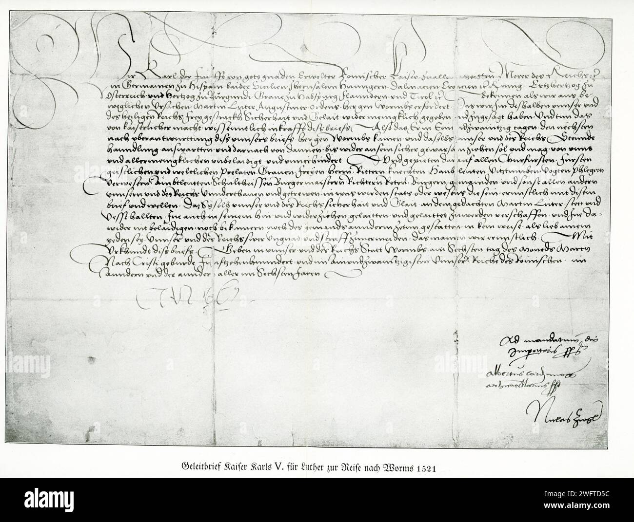 Pictured here is the safe conduct letter from Kaiser Charles I for Martin Luther for his trip to Worms in 1521., The Diet of Worms of 1521, headed by Emperor Charles V, passed the Edict of Worms, which banned Luther's writings and declared him a heretic and an enemy of the state. Although the Edict mandated that Luther should be captured and turned over to the emperor, it was never enforced. Stock Photo