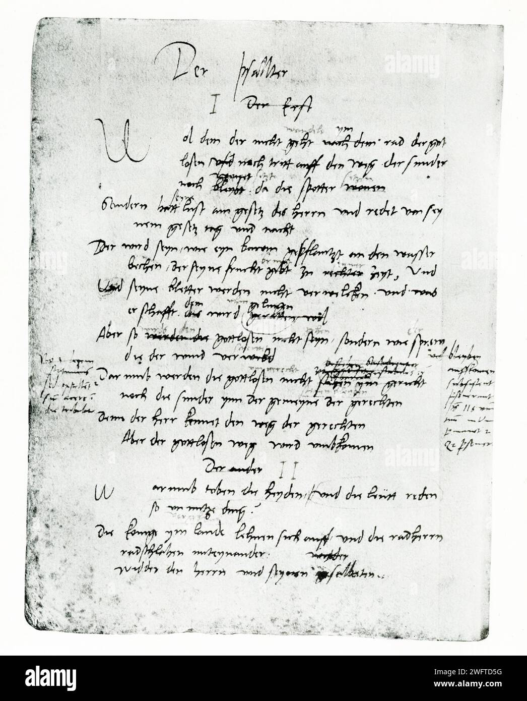 Shown here is a page of Martin Luther’s translation of the Old Testament (Psalter) in Luther’s own handwriting, with his corrections visible. The original is in the Royal Library in Berlin. Martin Luther was a German priest, theologian, author, hymnwriter, professor, and Augustinian friar. He was the key figure of the Protestant Reformation, and his theological beliefs form the basis of Lutheranism. Luther was ordained to the priesthood in 1507. He died in 1546. Stock Photo