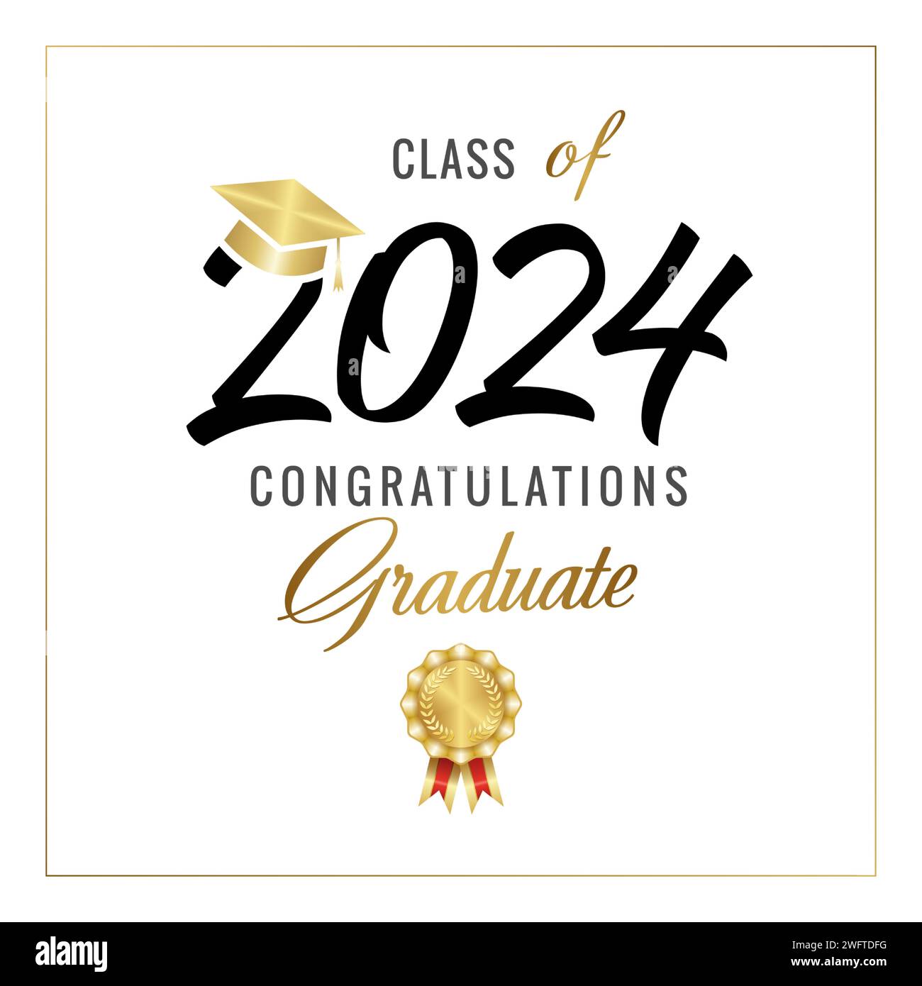 Class of 2024 congratulations graduate certificate concept. Diploma design. School banner. Black and gold elements. Shiny golden medal and square cap. Stock Vector