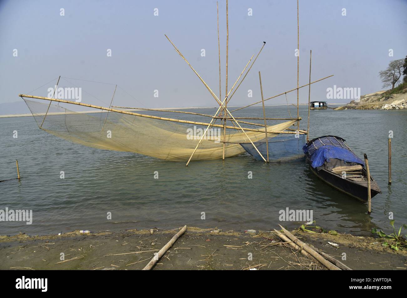 February 1, 2024, Guwahati, Guwahati, India Fishing net on the bank of river Brahmaputra in