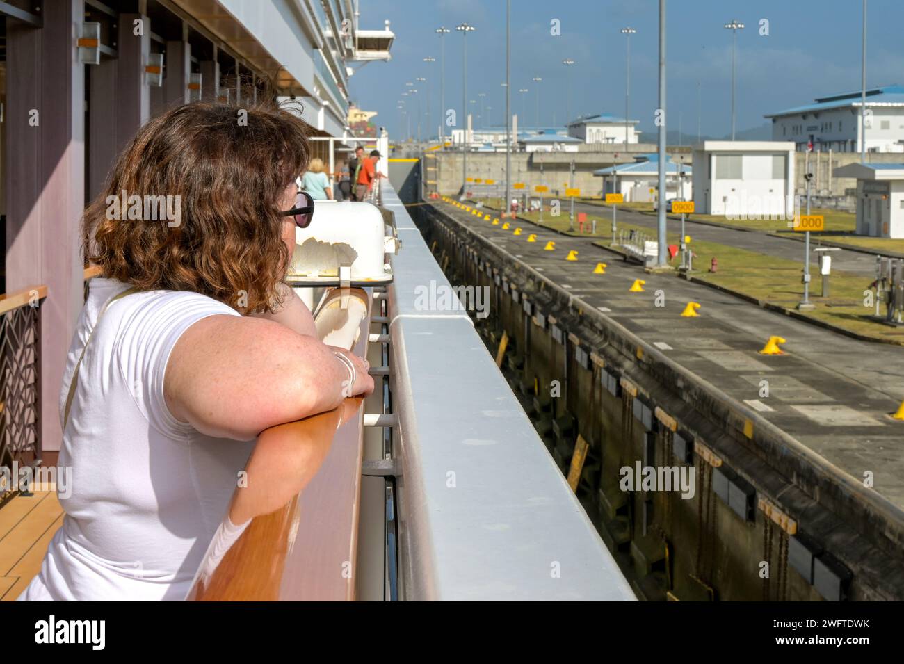  Panama Canal, Panama - 23 January 2024: Passenger on the deck of a 