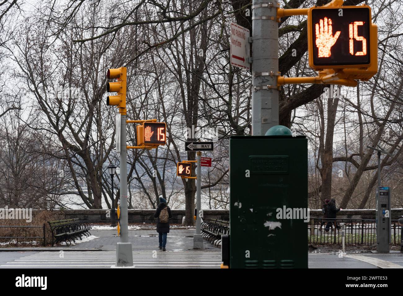 A pedestrian crossing near the Riverside park on the Upper West Side of New York City. Photo date: Tuesday, January 23, 2024. Photo: Richard Gray/Alam Stock Photo