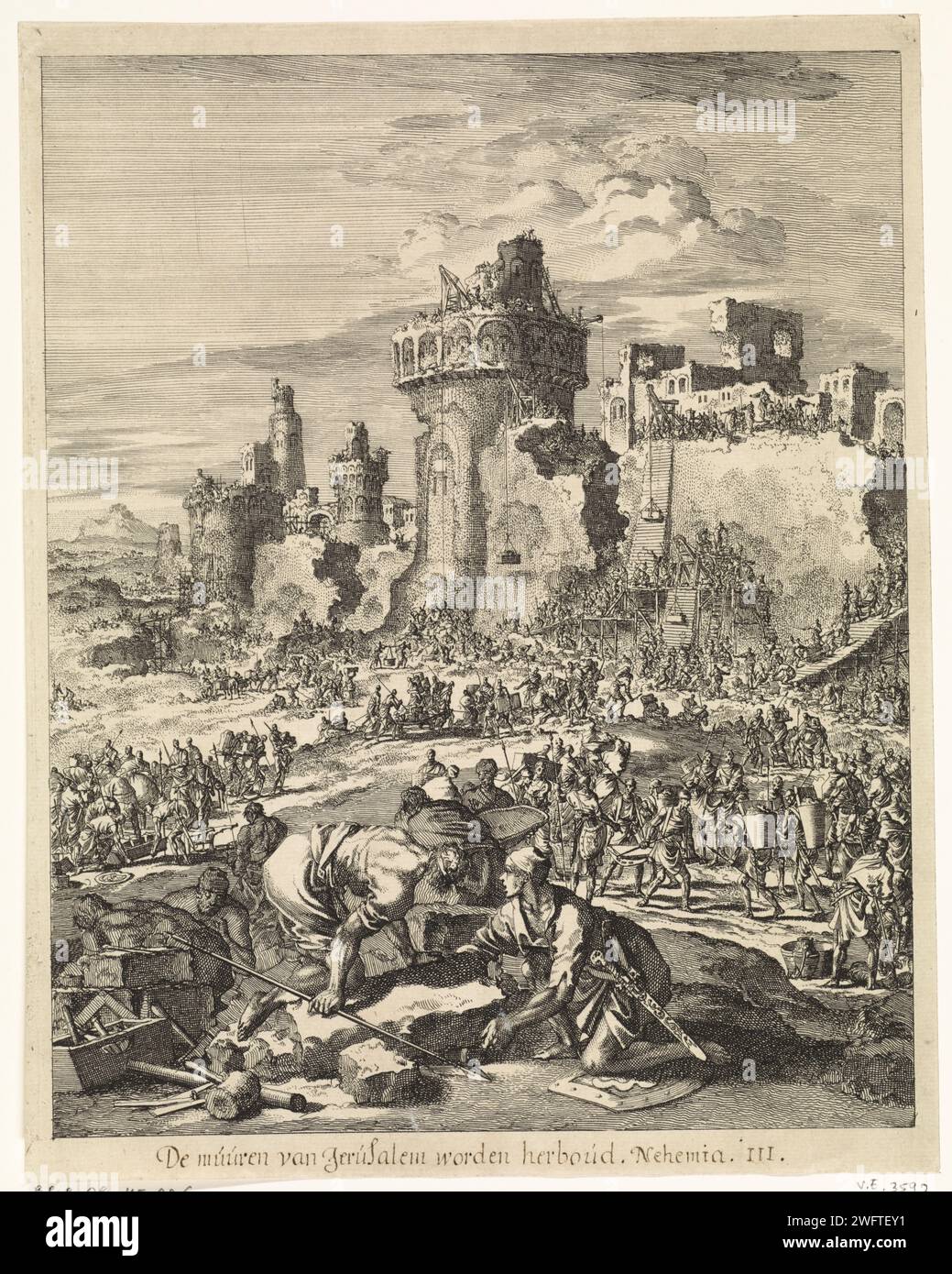 Rebuilding the walls of Jerusalem, Jan Luyken, 1708 print  Amsterdam paper etching the rebuilding of Jerusalem's walls (Nehemiah 2:12 - 4; 6) Stock Photo