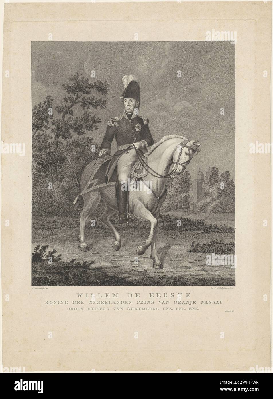 Bridle portrait of Willem I Frederik, King of the Netherlands, Antonie and Pieter van der Beek, after Nicolaas Sonnenberg, 1815 - 1821 print Equestrian portrait of Willem I Frederik. There are name and titles in the lower margin. 'Proef pressure. Amsterdam paper engraving / etching knighthood order (with NAME) - insignia of a knighthood order, e.g.: badge, chain (with NAME of order) Stock Photo