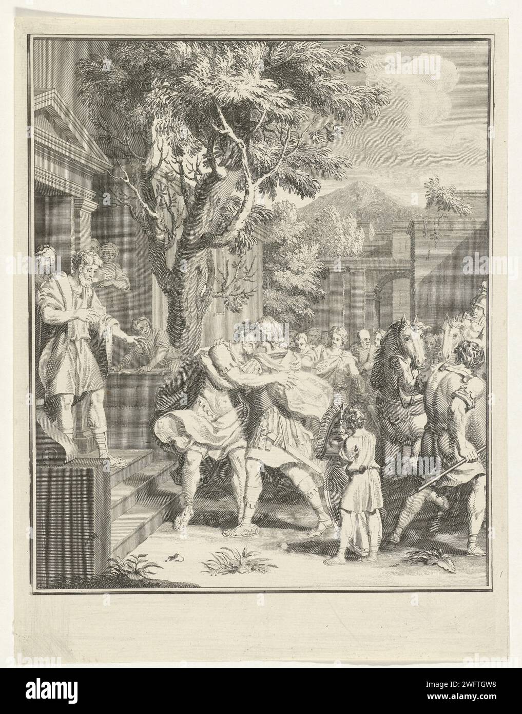 Telemachus and Nestor in Omhelling, Jacob Folkema, After Louis Fabritius Dubourg, 1732 print Surrounded by bystanders, Telemachus and Nestor embrace each other. On the left is Telemachus' horse and in the foreground his armor is held by a boy. Illustration made with a story from 'Adventures of Telemachus', written by François de Fénélon.  paper etching (story of) Telemachus Stock Photo