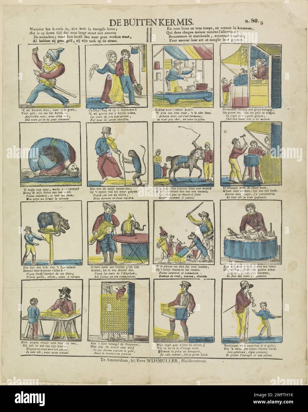 De Buitenkermis, 1828 - 1913 print Leaf with 16 fairground scenes, including representations of a dancing monkey, a flexible man and dogs that can do tricks. Under each image a two -way verse in Dutch and in French. Numbered at the top right: n. 80. B. Amsterdampublisher: Turnhout paper letterpress printing circus animals. acrobat ~ circus. bears (circus performance). pleasure fair and circus. circus performance with trained animals (monkeys, elephants, bears, lions and tigers, horses, dogs, dolphins, seals, fleas) Stock Photo