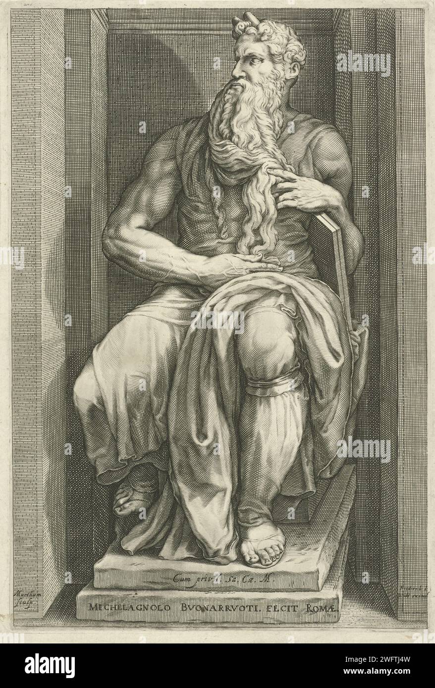 Seated Moses, Jacob Matham, After Michelangelo, 1645 - 1690 print Moses, sitting, with the ten command tables under his arm, to the sculpture of Michelangelo on the grave of Julius II in the Basilica San Pietro in Vincoli in Rome. Print Maker: Haarlem Publisher: Amsterdam paper engraving Stock Photo