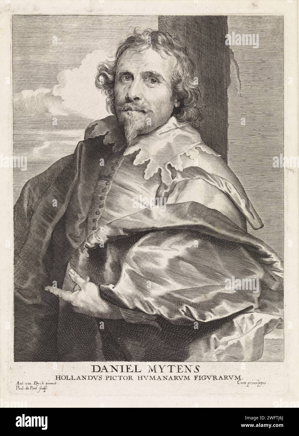 Portrait of the painter Daniël Mijtens (I), Paulus Pontius, After Anthony Van Dyck, 1616 - 1657 print  Antwerp paper engraving portrait, self-portrait of painter Stock Photo