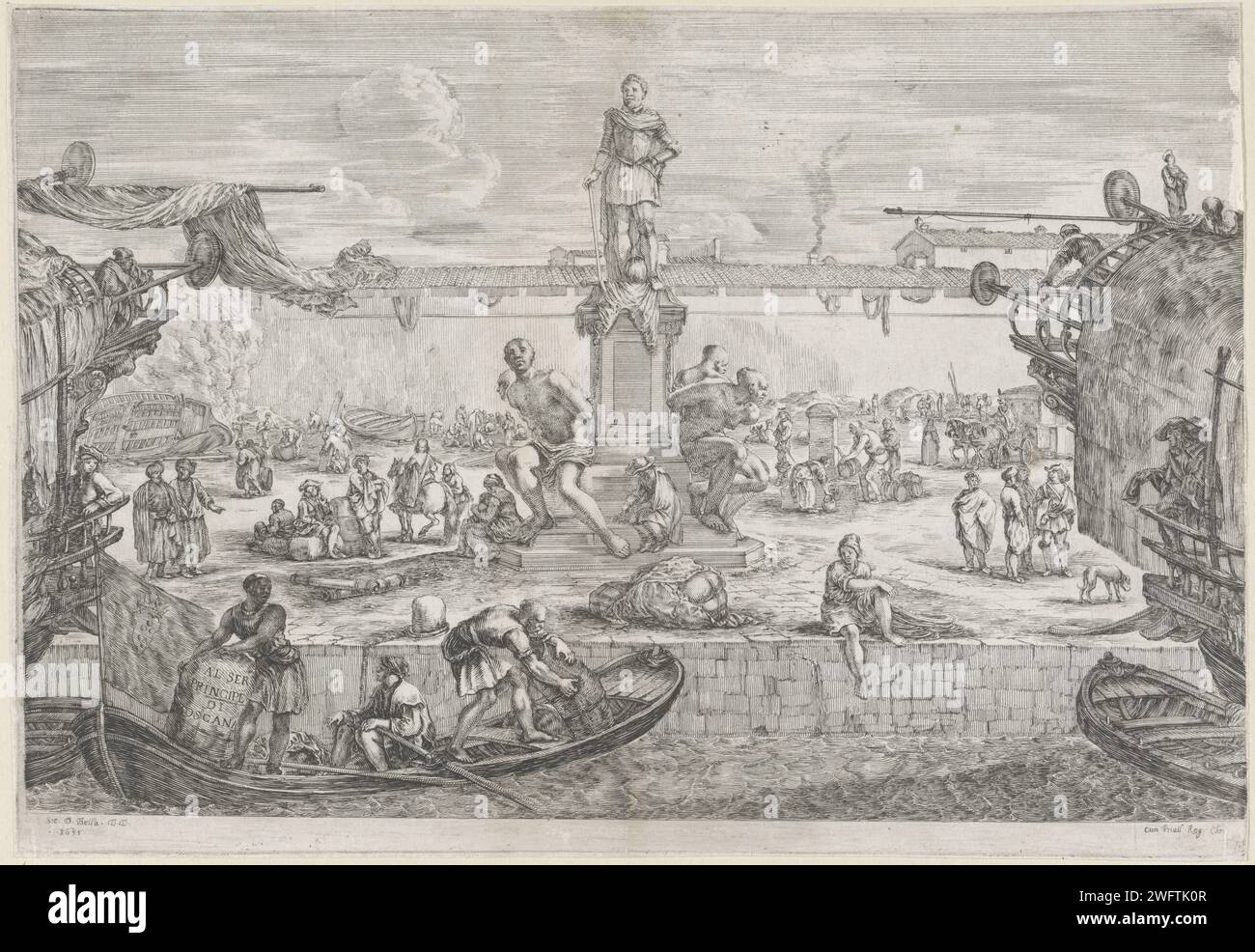 Standbeeld Van Ferdinand I in De Haven Van Livorno, Stefano Della Bella, After Giovanni Di Benedetto Bandini, After Pietro Tacca, 1655 print View of the port of Livorno with the statue of Ferdinand I, Grand Duke of Tuscany, with on the corners the images of the four slavy 'Moors' (I Quattro Mori). On the quay there are traders, port workers and sailors. Left and right two backs of moored ships. print maker: Italyafter own design by: Italyafter sculpture by: Livornoafter sculpture by: Livorno paper etching harbour. piece of sculpture, reproduction of a piece of sculpture. dock labourer. merchan Stock Photo