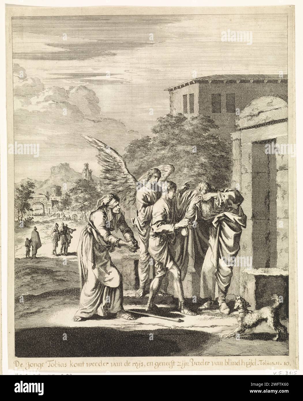 Return of Tobias, Jan Luyken, 1708 print  Amsterdam paper etching the meeting of parents and son  Tobias' return Stock Photo