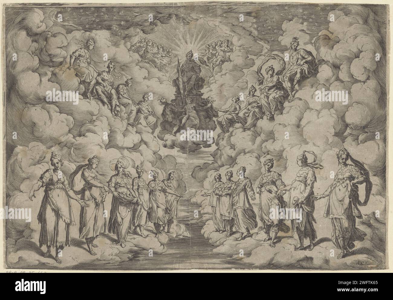 Harmonie Van de Sferen, Agostino Carracci, After Andrea Boscoli, After Bernardo Buontalenti, 1589 - 1592 print Display of the first interlude during the performance of the play 'La Pellegrina' by Girolamo Bargagli: the atmospheres sit and stand in rows on clouds. For the six intermezzi of Giovanni De'Bardi, the machines and costumes were designed by Bernardo Buontalenti. This performance was on the occasion of the marriage of Ferdinando I De'Medics and Christina van Lotharingen in 1589. print maker: Italyafter drawing by: Florenceafter design by: Florence paper engraving spheres  heavens Flor Stock Photo