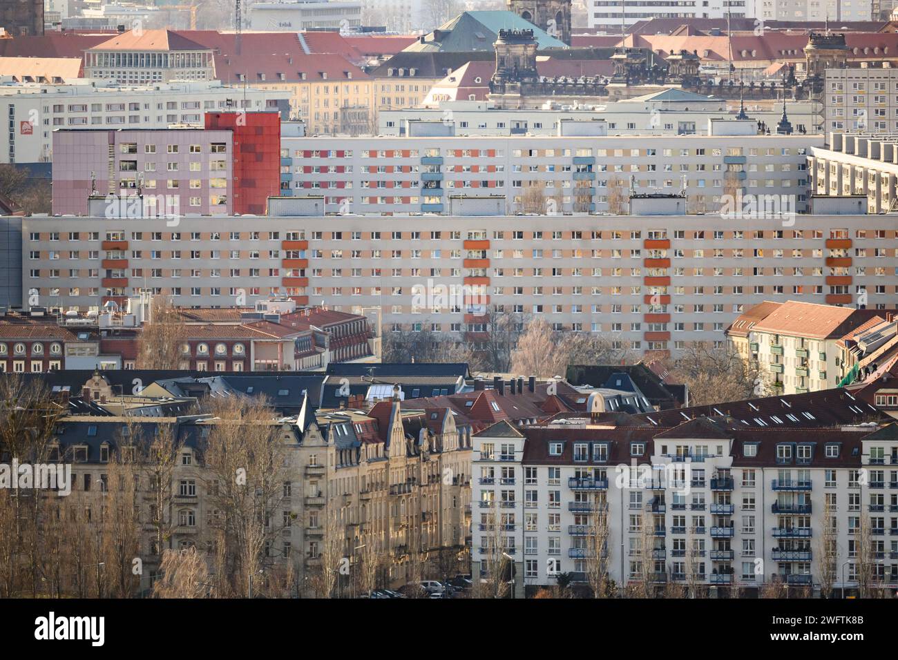 Dresden, Germany. 01st Feb, 2024. View of the residential buildings in Johannstadt and the old town. Credit: Robert Michael/dpa/Alamy Live News Stock Photo