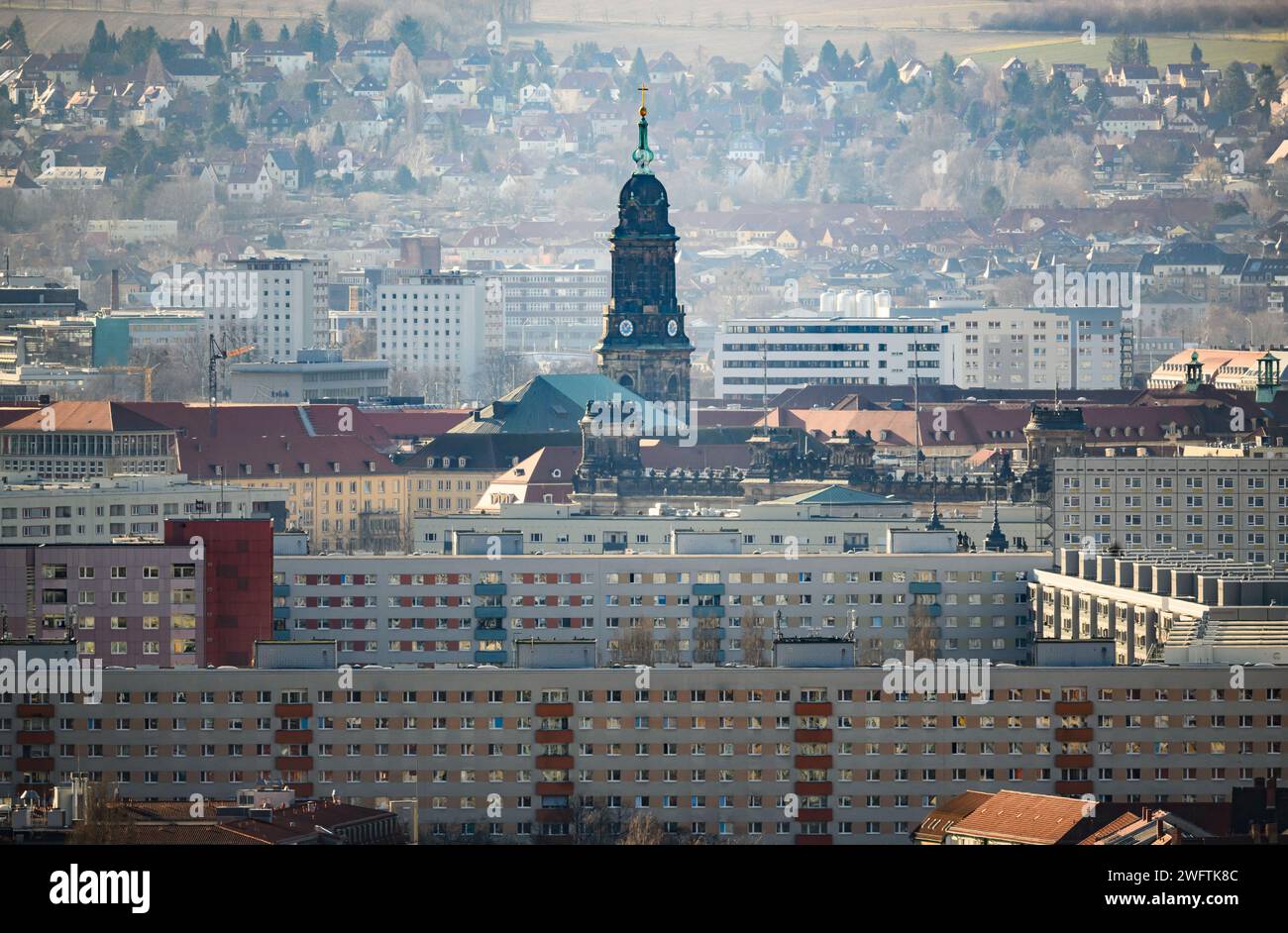 Dresden, Germany. 01st Feb, 2024. View over residential buildings in Johannstadt and the old town to the Annenkirche. Credit: Robert Michael/dpa/Alamy Live News Stock Photo