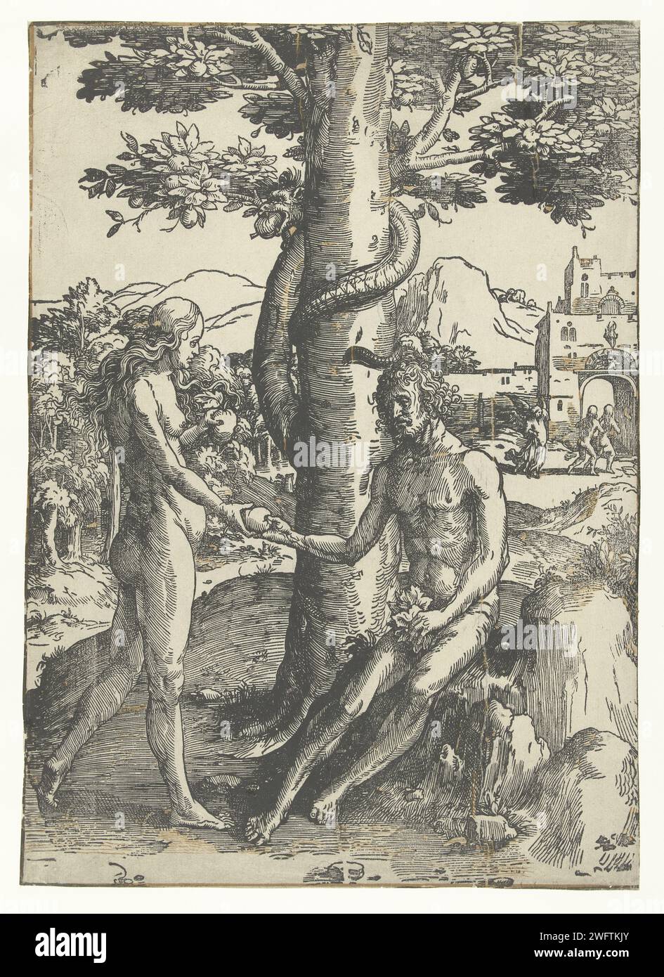 The fall, Lucas van Leyden, 1512 1516 print Eva hands Adam the