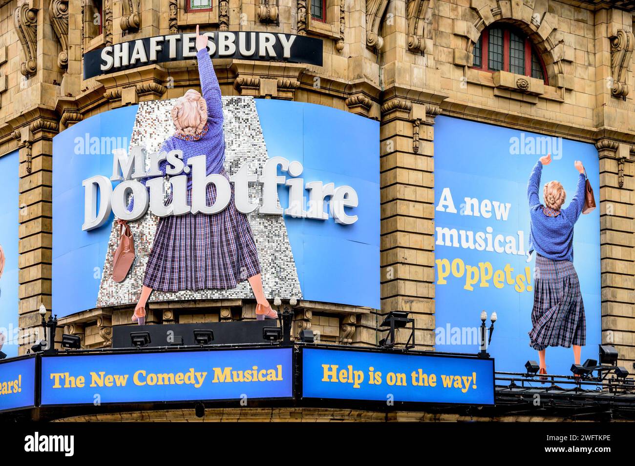London, UK. Mrs Doubtfire, the Musical, at the Shaftesbury Theatre, Shaftesbury Avenue, January 2024 Stock Photo