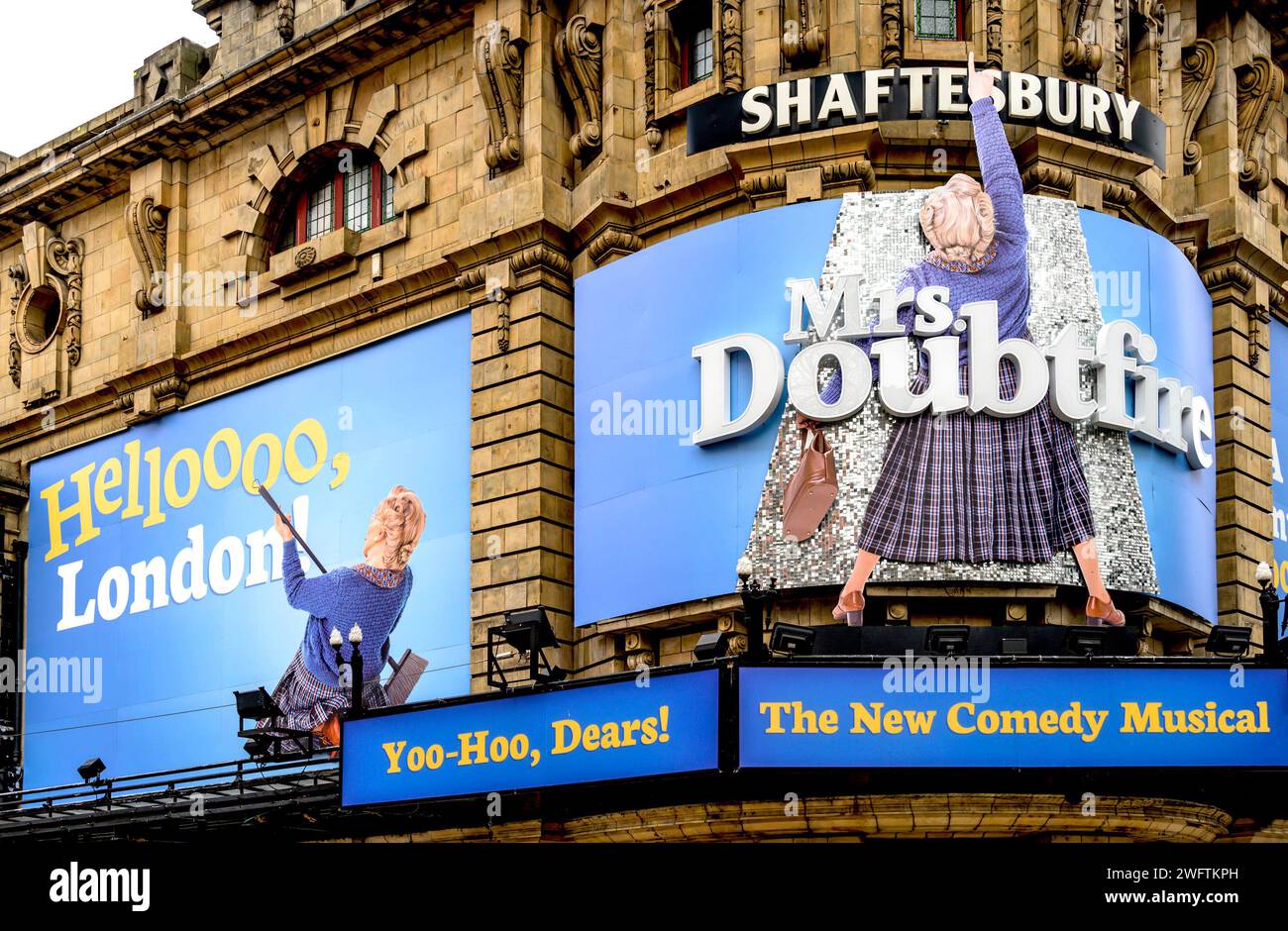 London, UK. Mrs Doubtfire, the Musical, at the Shaftesbury Theatre, Shaftesbury Avenue, January 2024 Stock Photo