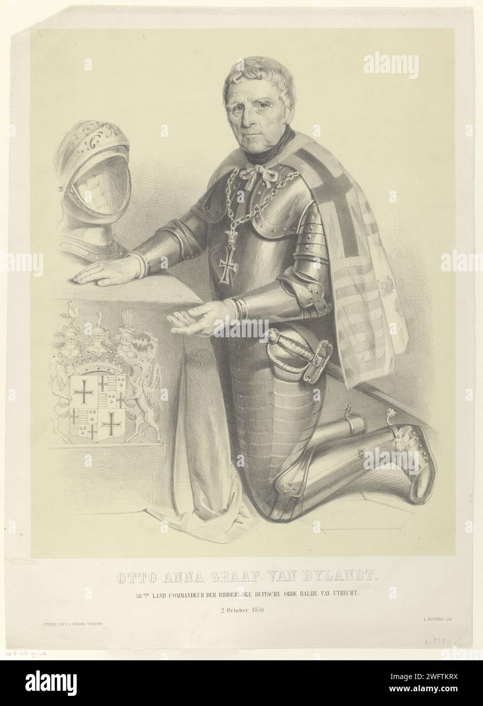 Portrait of Otto Anna van Bylandt, Augustinus Jacobus Bernardus Wouters, 1850 print The portrayed person wears a harness sitting kneeling in front of a table. On the tablecloth are family crest. Helmet are on the table. Utrecht paper  historical persons (+ full length portrait). kneeling figure. helmet Stock Photo