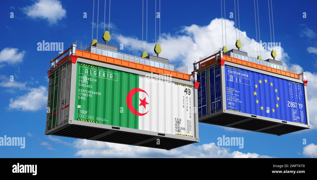 Shipping containers with flags of Algeria and European Union - 3D ...