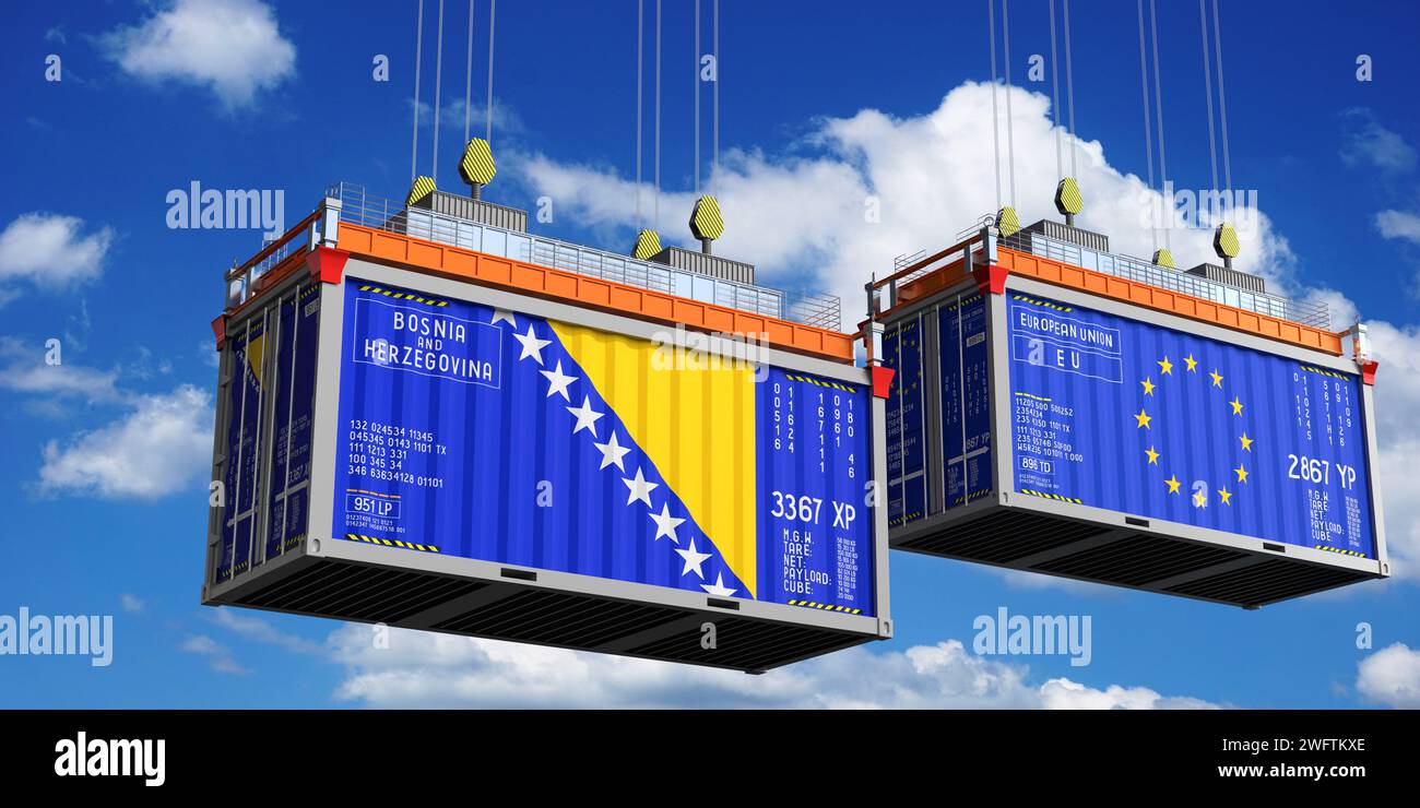 Shipping containers with flags of Bosnia and Herzegovina and EU - 3D