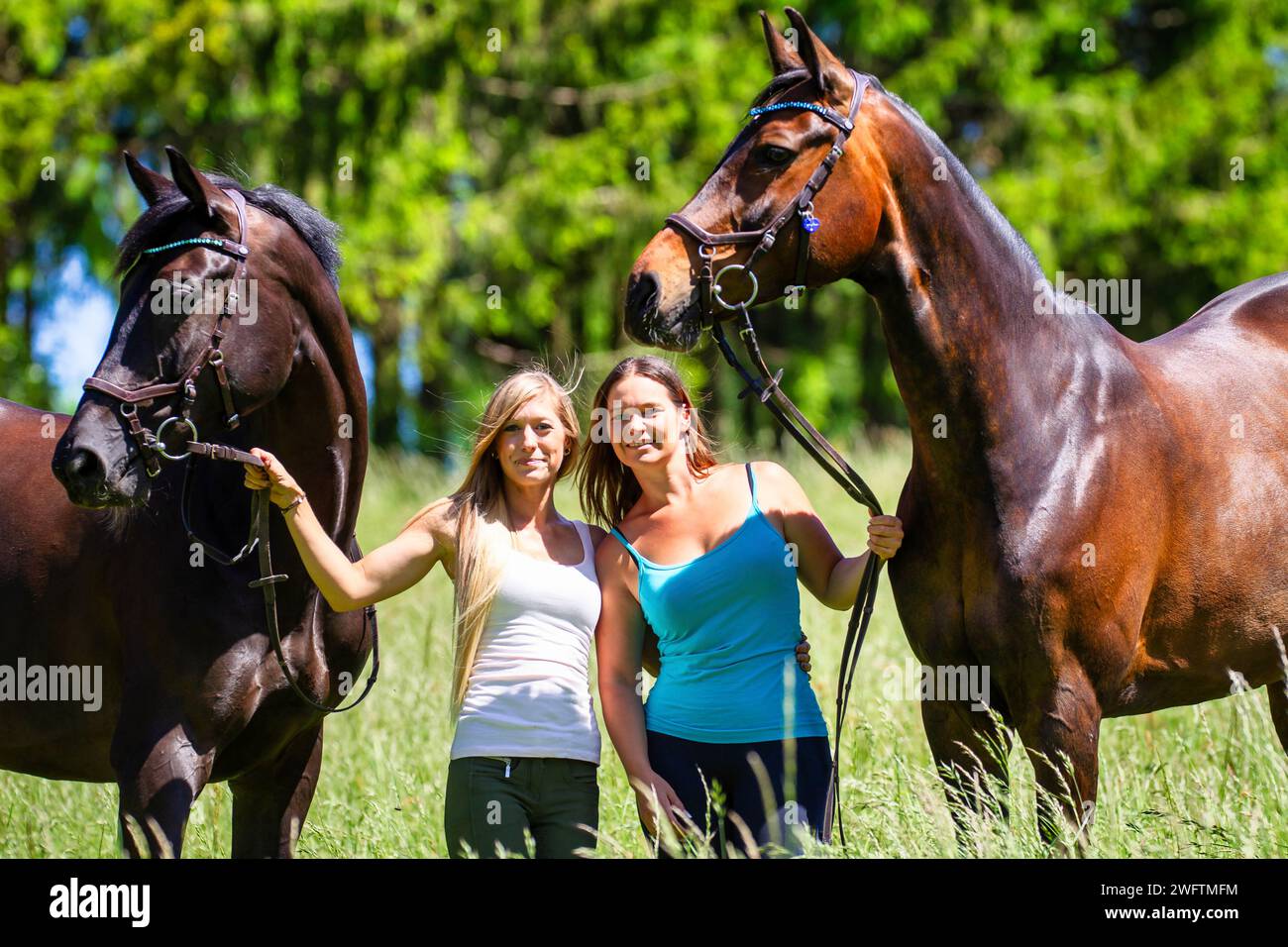 The picture shows two young women in light summer riding clothes with long brunette hair, standing with their horses on a summer meadow and laughing i Stock Photo