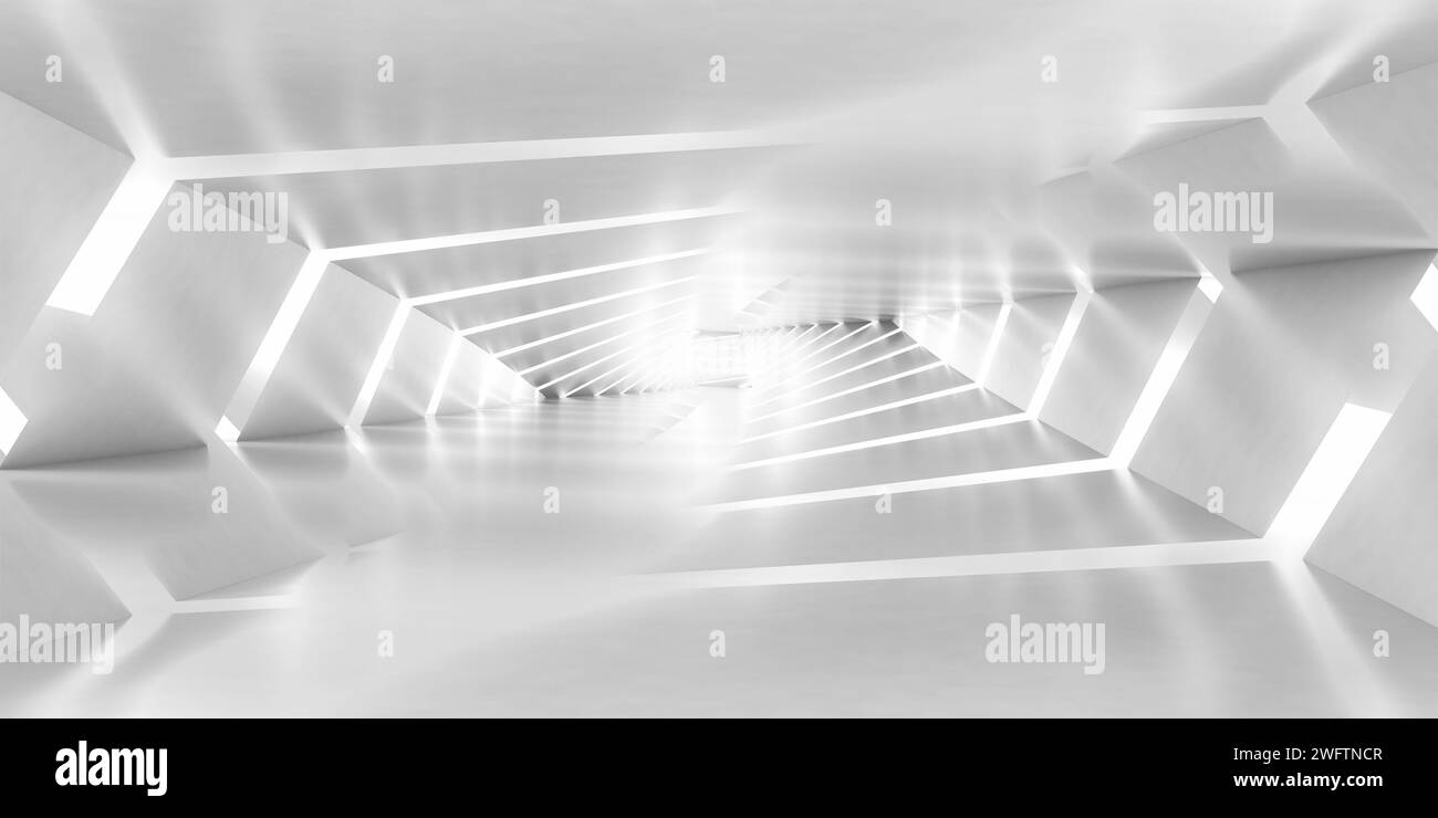 Abstract empty white tunnel perspective, panoramic digital graphic background. 3d rendering illustration Stock Photo