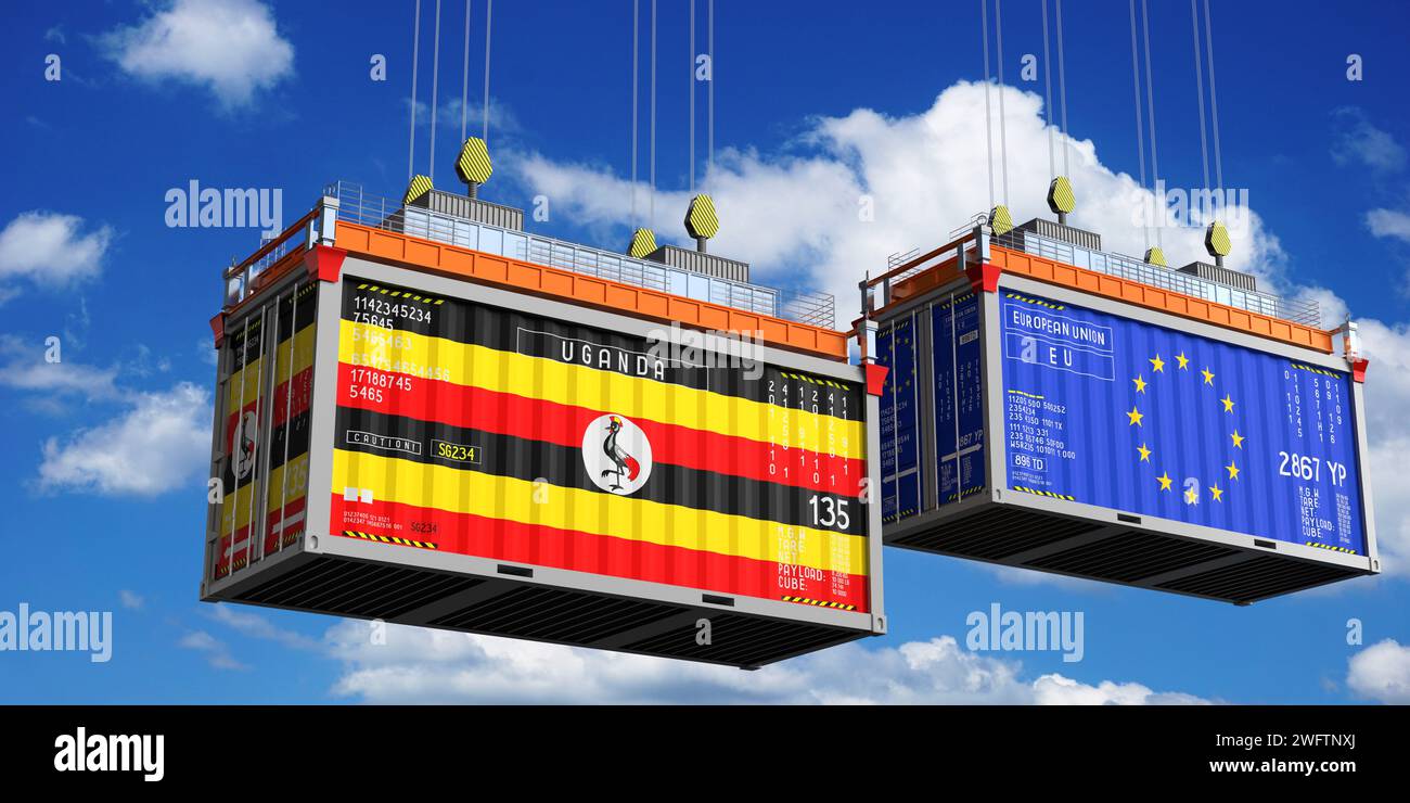 Ug Containers Shipping containers with flags of Uganda and European Union - 3D ...
