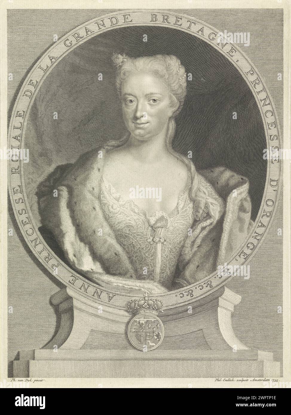 PortraT van Anna van Hannover, Philippus Finally, after Philip van Dijk, 1735 print Portrait of Anna in an oval with edge. In the middle of her weapon with a crown. Amsterdam paper engraving / etching Stock Photo