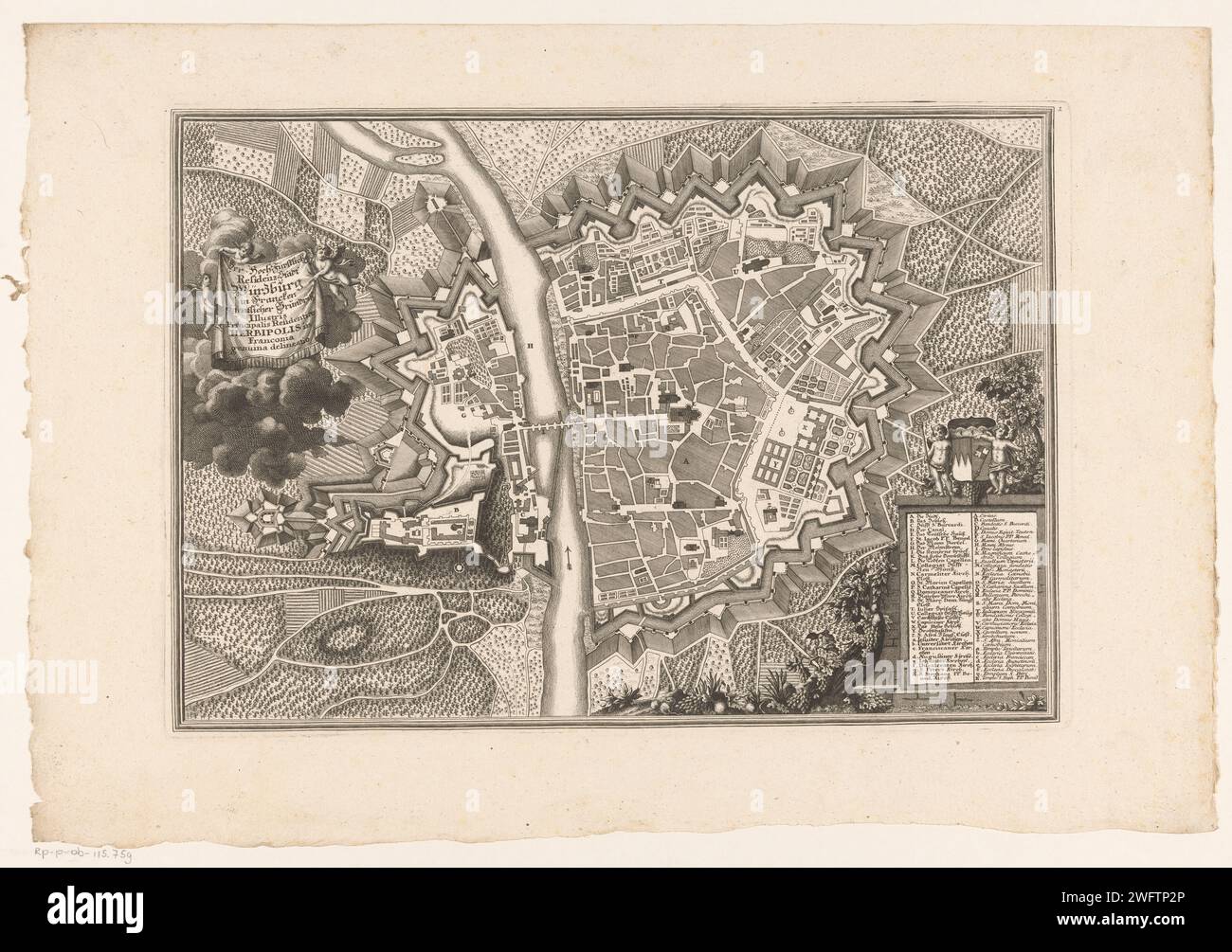 Map of Würzburg, Johann August Corvinus (Possible), 1740 print A legend in the lower margin. Augsburg paper etching / engraving maps of cities Würzburg Stock Photo